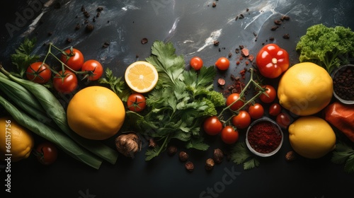 Healthy food cooking ingredients background with fresh vegetables, herbs, Spices and olive oil on marble table, Top view.