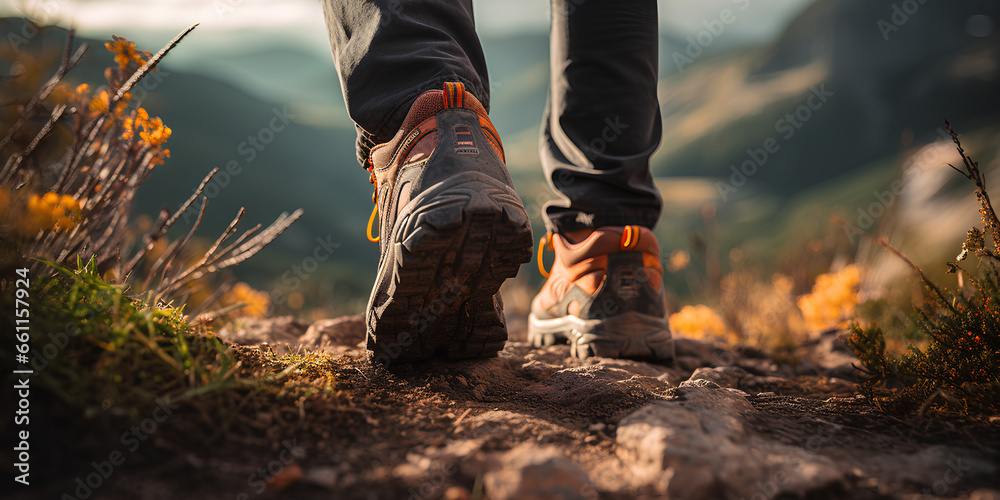 Man hiking up a mountain trail with a close-up of his leather hiking boots. The hiker shown in motion, with one foot lifted off the ground and the other planted on the mountain trail.  - obrazy, fototapety, plakaty 