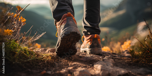 Man hiking up a mountain trail with a close-up of his leather hiking boots. The hiker shown in motion, with one foot lifted off the ground and the other planted on the mountain trail.  photo