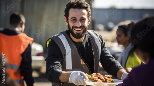 Acts of Kindness Worldwide: A happy volunteer brings food assistance to a diverse group of people in a distribution center. photo