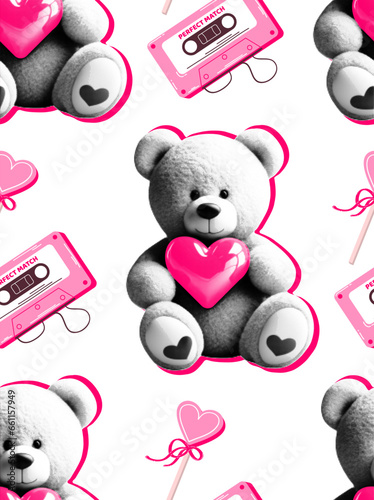 Seamless pattern with teddy bear in retro collage style for Valentine's Day. Vector, festive background in 80s style.