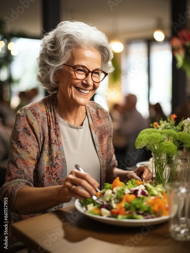 Elderly Woman Enjoying a Meal in a Warmly Lit Restaurant