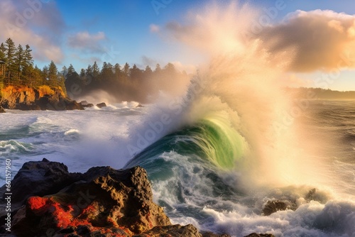 Massive waves, high tide, colorful rainbow in Depoe Bay, Oregon's coastline. Generative AI © Octavia