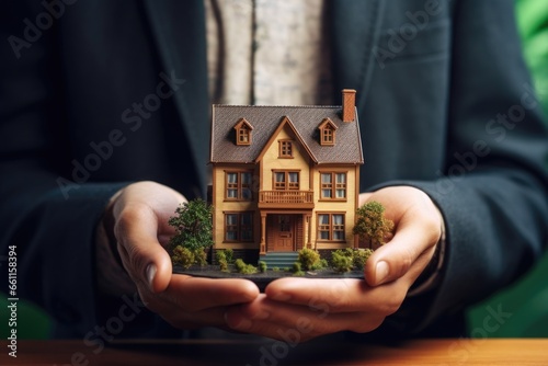 The businessman holds a miniature home model