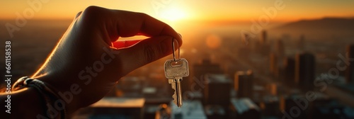 A hand holding keys against the setting of a recently constructed apartment building