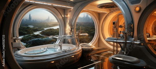 Futuristic bathroom of a luxury Space Hotel.