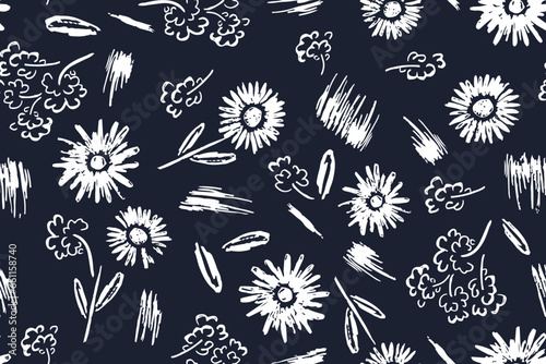 Monochrome seamless vector pattern with simple botanical elements. Background with decorative floral sketches black and white for textile, wrapper, fabric, clothing, covers, paper © Liubov