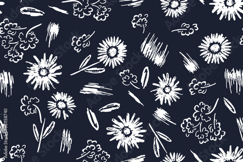 Monochrome seamless vector pattern with simple botanical elements. Background with decorative floral sketches black and white for textile, wrapper, fabric, clothing, covers, paper