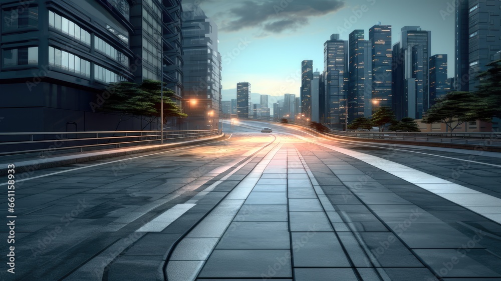 Obraz premium a highway with a large city skyline near sunlight, in the style of smooth and curved lines, advertisement inspired,landscape-focused.