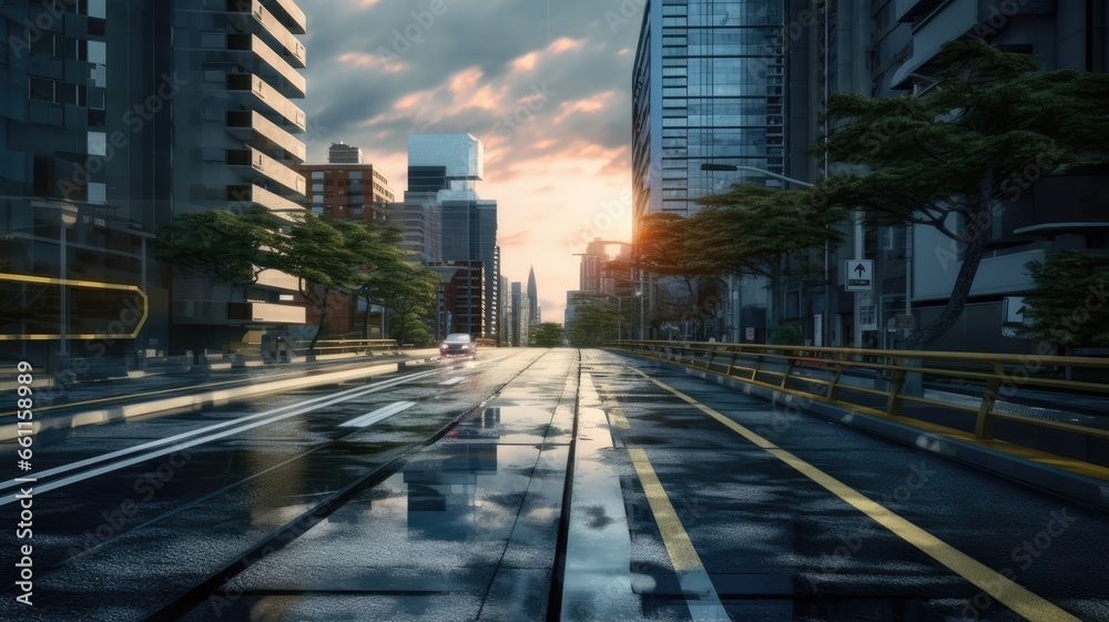 a highway with a large city skyline near sunlight, in the style of smooth and curved lines, advertisement inspired,landscape-focused.