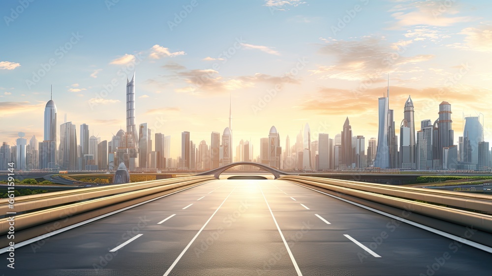 a highway with a large city skyline near sunlight, in the style of smooth and curved lines, advertisement inspired,landscape-focused. - obrazy, fototapety, plakaty 