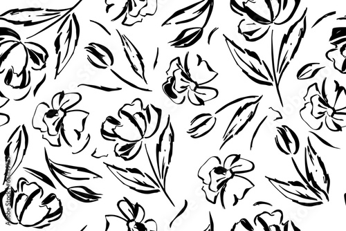 Botanical background from abstract flowers. Sketch drawing of black outlines on a white background. Handmade seamless pattern summer floral. Printing on wallpaper  cover  textile  cover