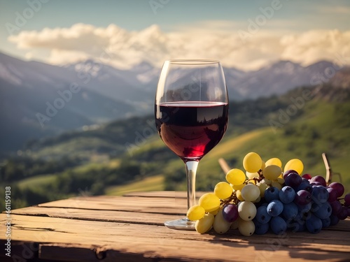 glass of wine and grapes on wooden table