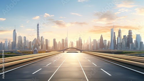 a highway with a large city skyline near sunlight, in the style of smooth and curved lines, advertisement inspired,landscape-focused. photo