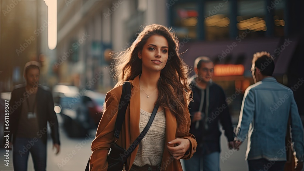 the urban lifestyle, people walking briskly on a city sidewalk. selective focus to highlight individuals against a blurred background, emphasizing the bustling pace of city life.