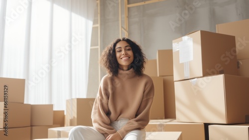 happy confident diverse woman sitting near carton box in new apartment after moving. Real estate, mortgage, banking and moving services. © Dina