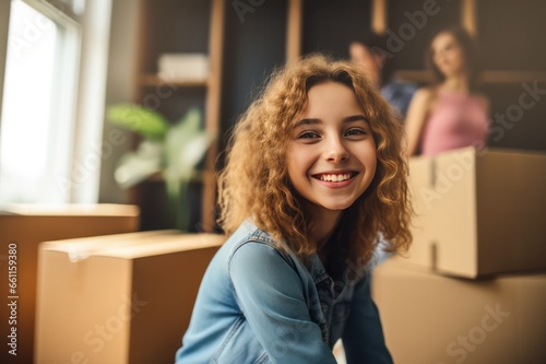 happy teenager girl sitting near carton box in new apartment after moving with her family. Real estate, mortgage, banking and moving services.