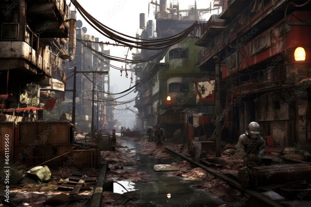Apocalyptic urban landscape. Dark dystopia cityscape. 