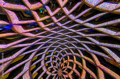 Spherical Spiral Panorama background image for text clipping mask for graphic design in orange, black, blue, and purple.