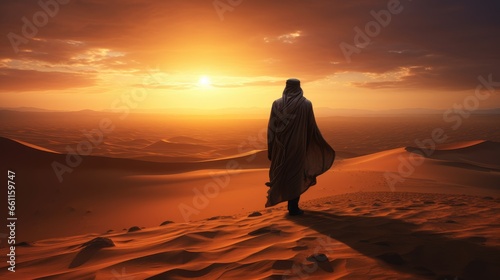Desert explorer: A man in traditional attire embarks on a desert adventure, leading a camel across the sandy dunes, capturing the essence of Arabian cultural exploration