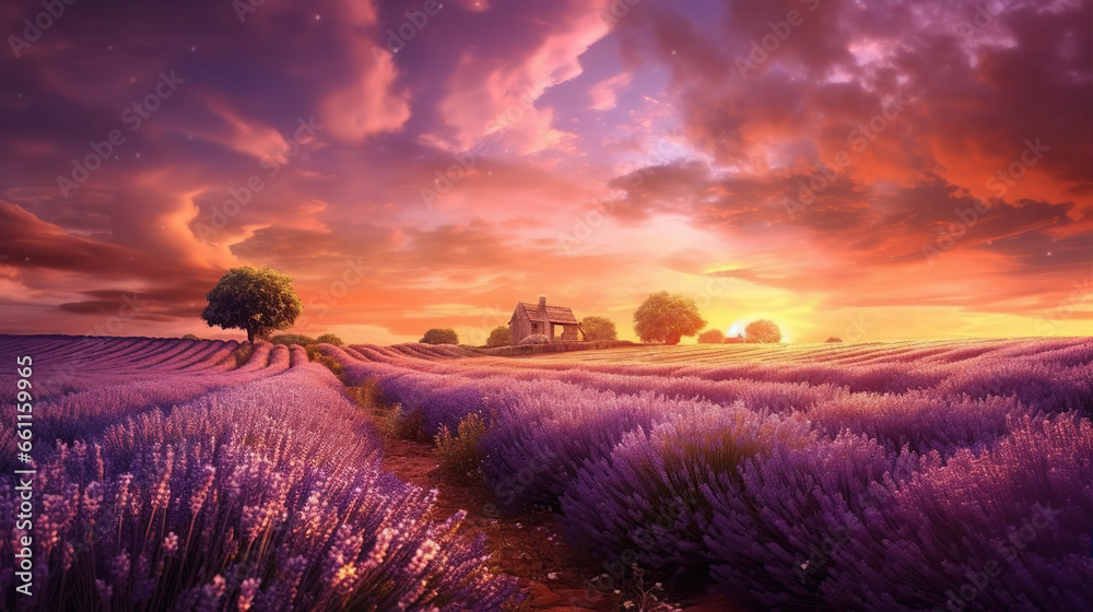 Sunset over endless lavender fields. Created with Generative AI Sunset over endless lavender fields. Created with Generative AI