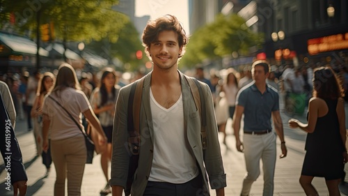 the urban lifestyle, people walking briskly on a city sidewalk. selective focus to highlight individuals against a blurred background, emphasizing the bustling pace of city life.