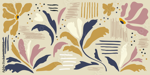 Seamless botanical pattern pink orange black modern collage of drawings of various flowers, branches, hand drawn ink sketch. Vector illustration isolated on white background