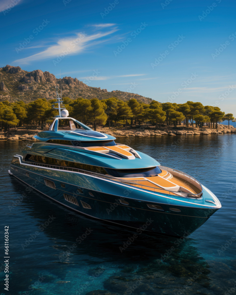 Beautiful yacht  on blue sea with sky. luxury and expensive lifestyle.  Rest and relaxation concept. - obrazy, fototapety, plakaty 