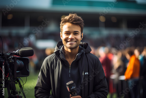 Reporter amidst a sports event, capturing dynamic action shots, journalist, blurred background, natural light, affinity, bright background