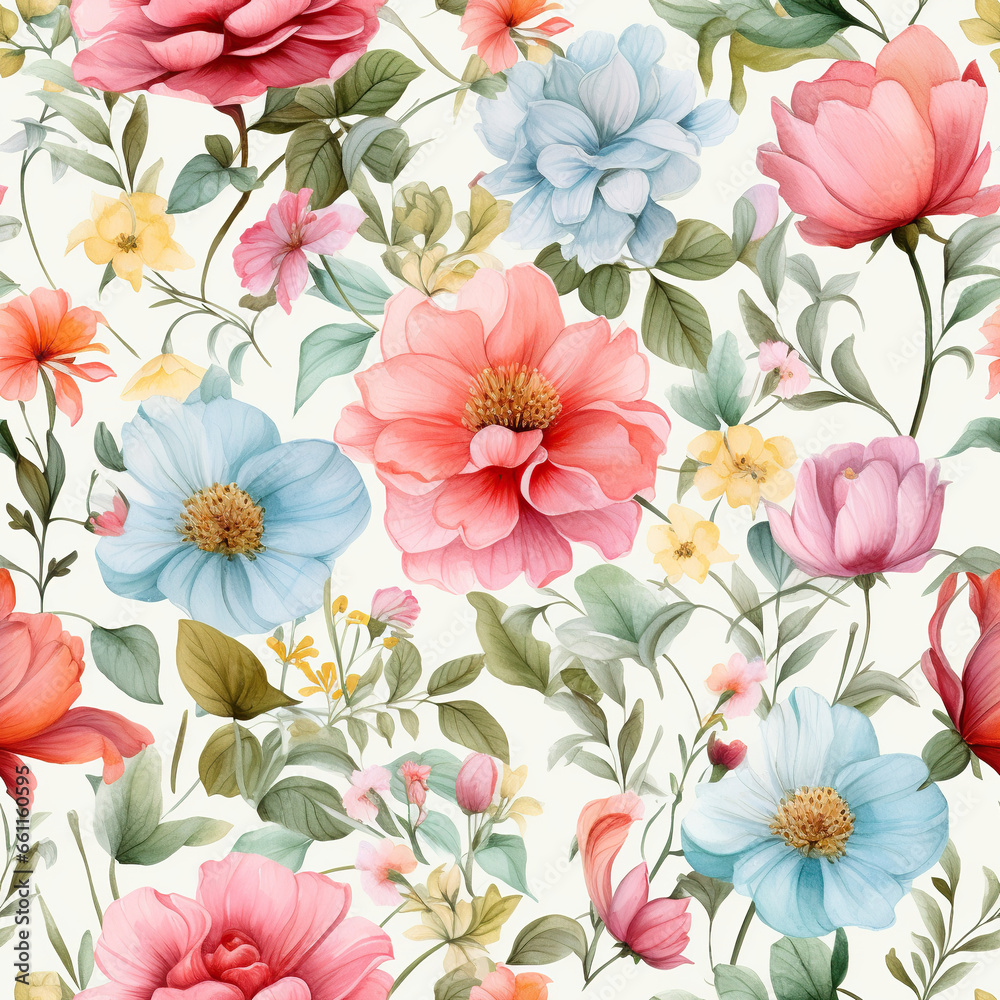 watercolor floral seamless pattern and flower set, in the style of realistic usage of light and color