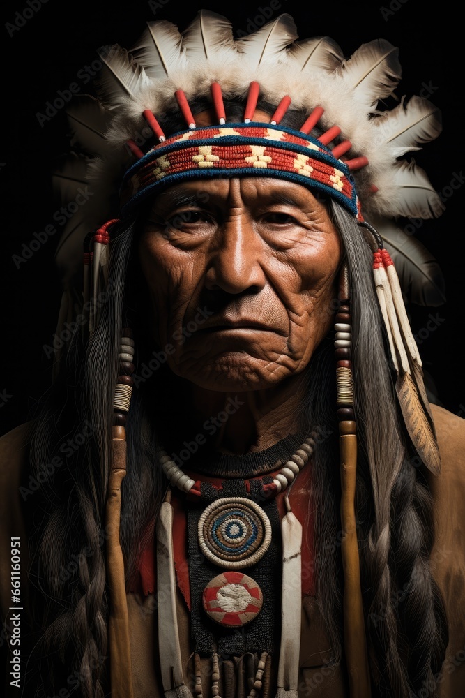 Portrait of a native American chief in full costume.