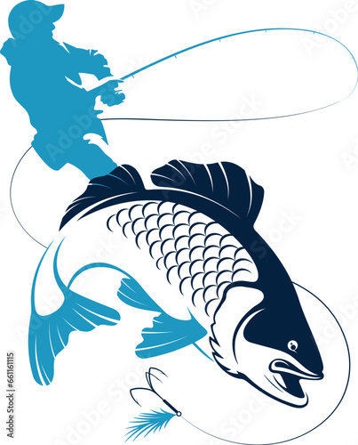 Fisherman with a fishing rod and catch of fish silhouette. Fishing and outdoor activities design