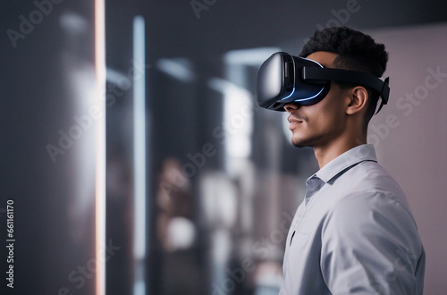 Young man using virtual reality headset isolated in transparent PNG, VR, future, gadgets, technology
