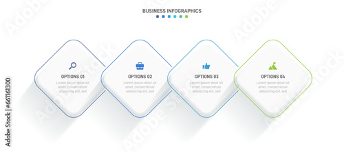 Timeline infographic with infochart. Modern presentation template with 4 spets for business process. Website template on white background for concept modern design. Horizontal layout.