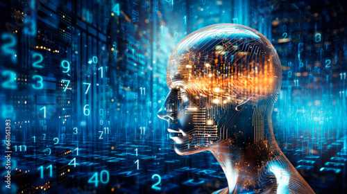 artificial intelligence head with written data futuristic background