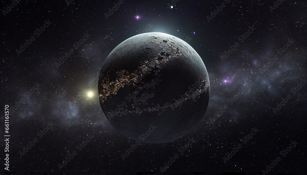 Dark exoplanet with shiny lights on the surface and stars in the background