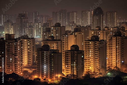 Tall buildings illuminated at night with small houses in the foreground in Gurgaon, Delhi. Generative AI