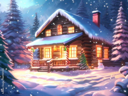 Christmas cabin in the mountains illustration.