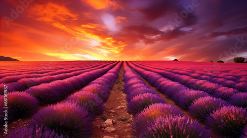 Sunset over endless lavender fields. Created with Generative AI