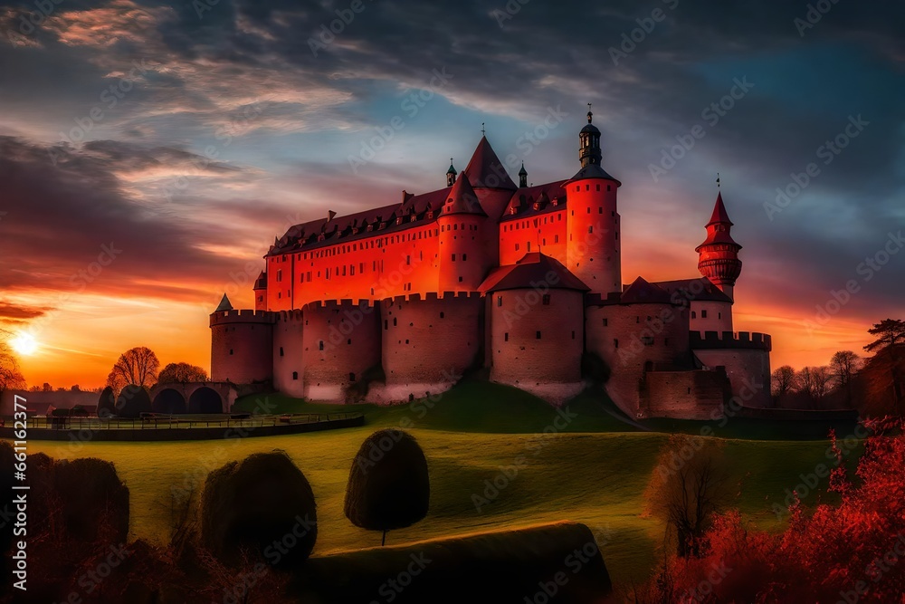 Fantasy Photography of castle, it is red amazing sunset , one ufo is landing there - AI Generative