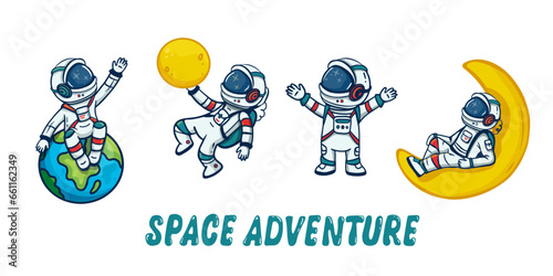 set of cartoon astronauts isolated on white background. Doodle style, for book, magazines, print. Cosmonaut and earth, moon. Vector illustration
