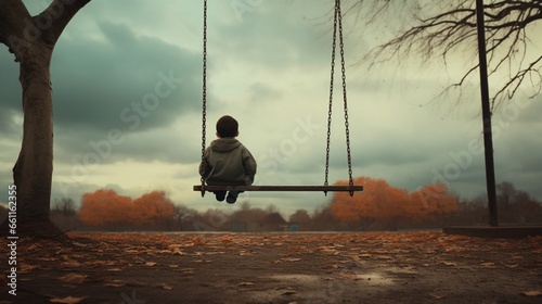 A lone child sitting on a park swing, lost in thought, as the world rushes by.
