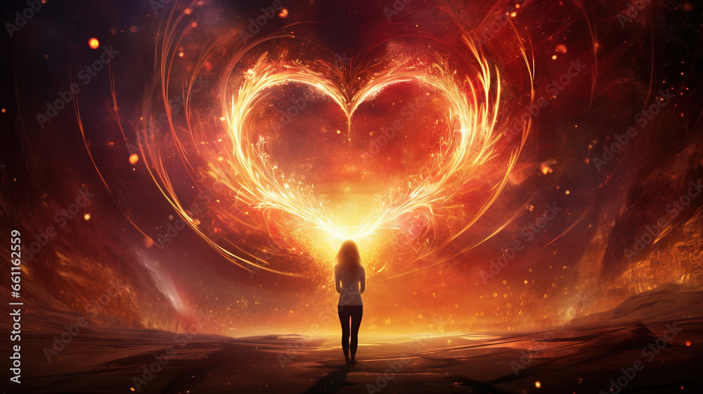 Young woman looking at a glowing heart made of fire and light energy. Symbol of love and kindness in the sky. - obrazy, fototapety, plakaty 