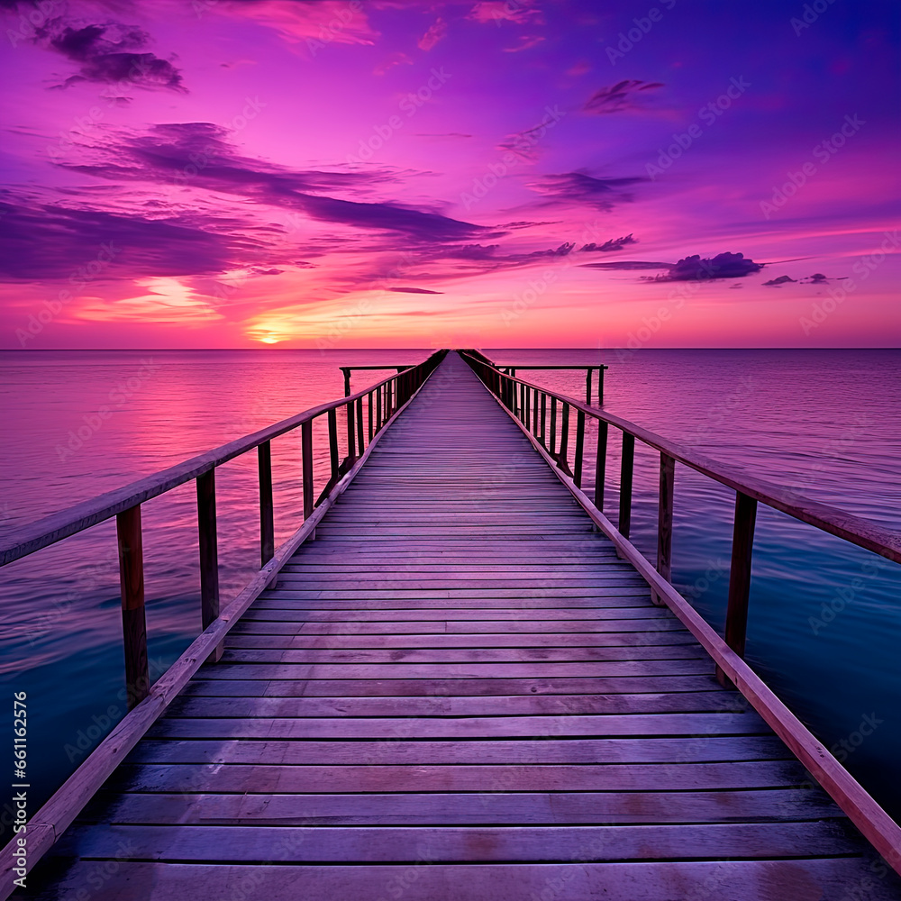 Fototapeta premium A pier stretching out into the ocean at purple sunset. Generative AI