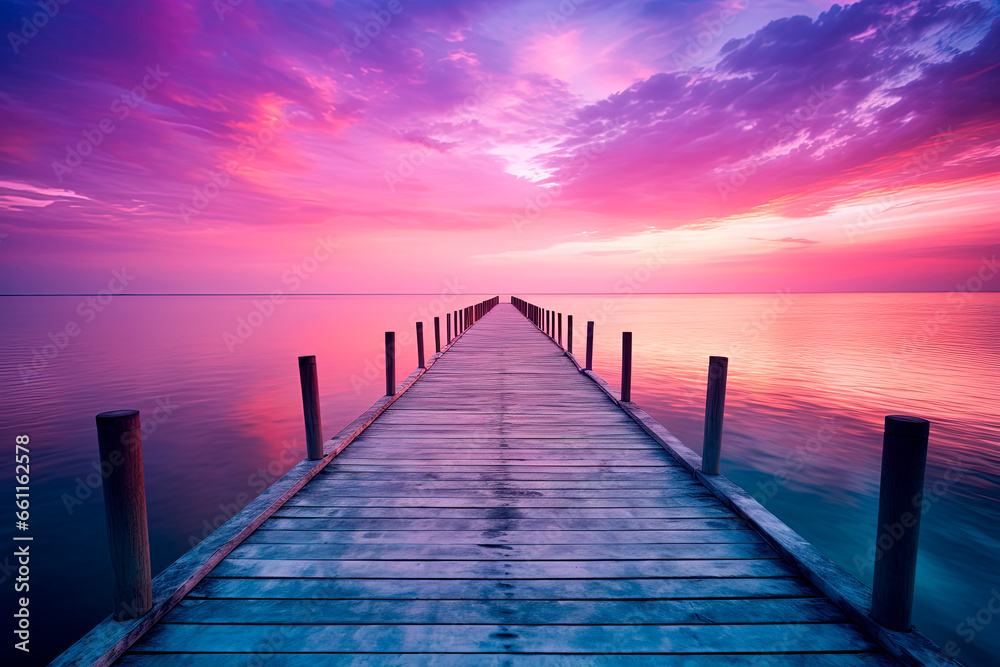 A pier stretching out into the ocean at purple sunset. Generative AI