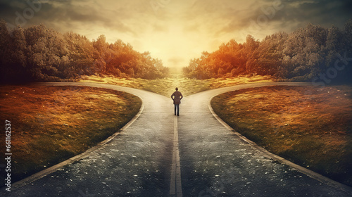 Person standing at the crossroads and choosing which way to go, on a gloomy autumn day with light of hope on the horizon. Making decisions and choices in life.