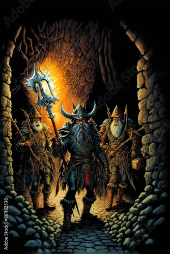 Four Tolkien style dwarves in armor advancing in a narrow dungeon with fantasy weapons and flaming torches in hand behind them is a black dragon with golden glittering reptilian eyes underground 