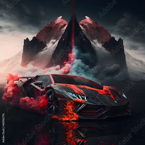 icey red and black crtal supercar coming out of an volcano  photo