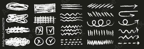 White charcoal squiggle shapes, arrows and lines set. Set of charcoal doodle elements. Scribble shapes, lines and arrows with grunge charcoal texture