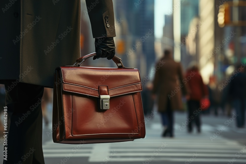 Fototapeta premium A lawyer carries a briefcase while navigating a city street